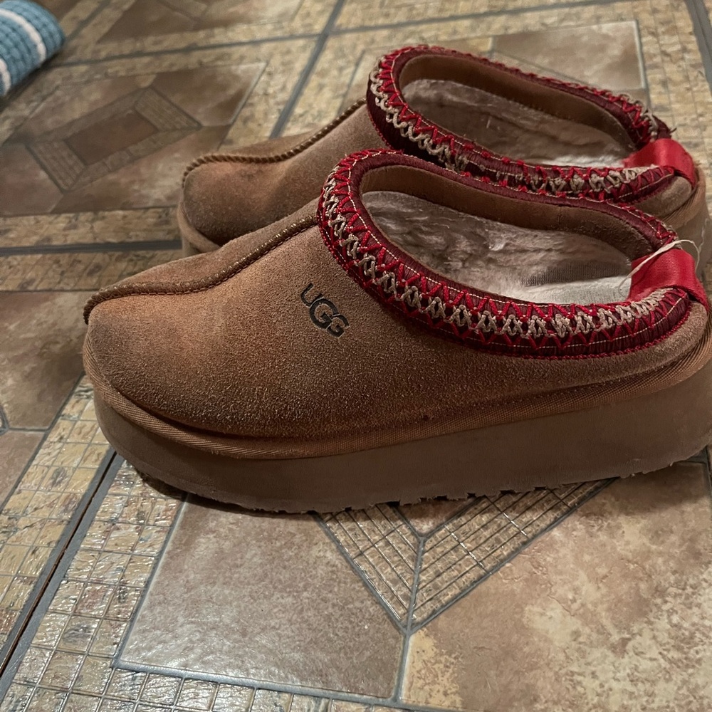 UGG Brown Suede Slippers with Red Trim